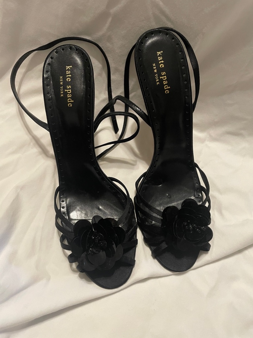 kate spade Black Floral Applique Strappy Heels